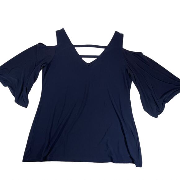 Coco Bianco Cold Shoulder Bell Sleeve Blouse Women's Navy Blue Size L - Picture 2 of 6